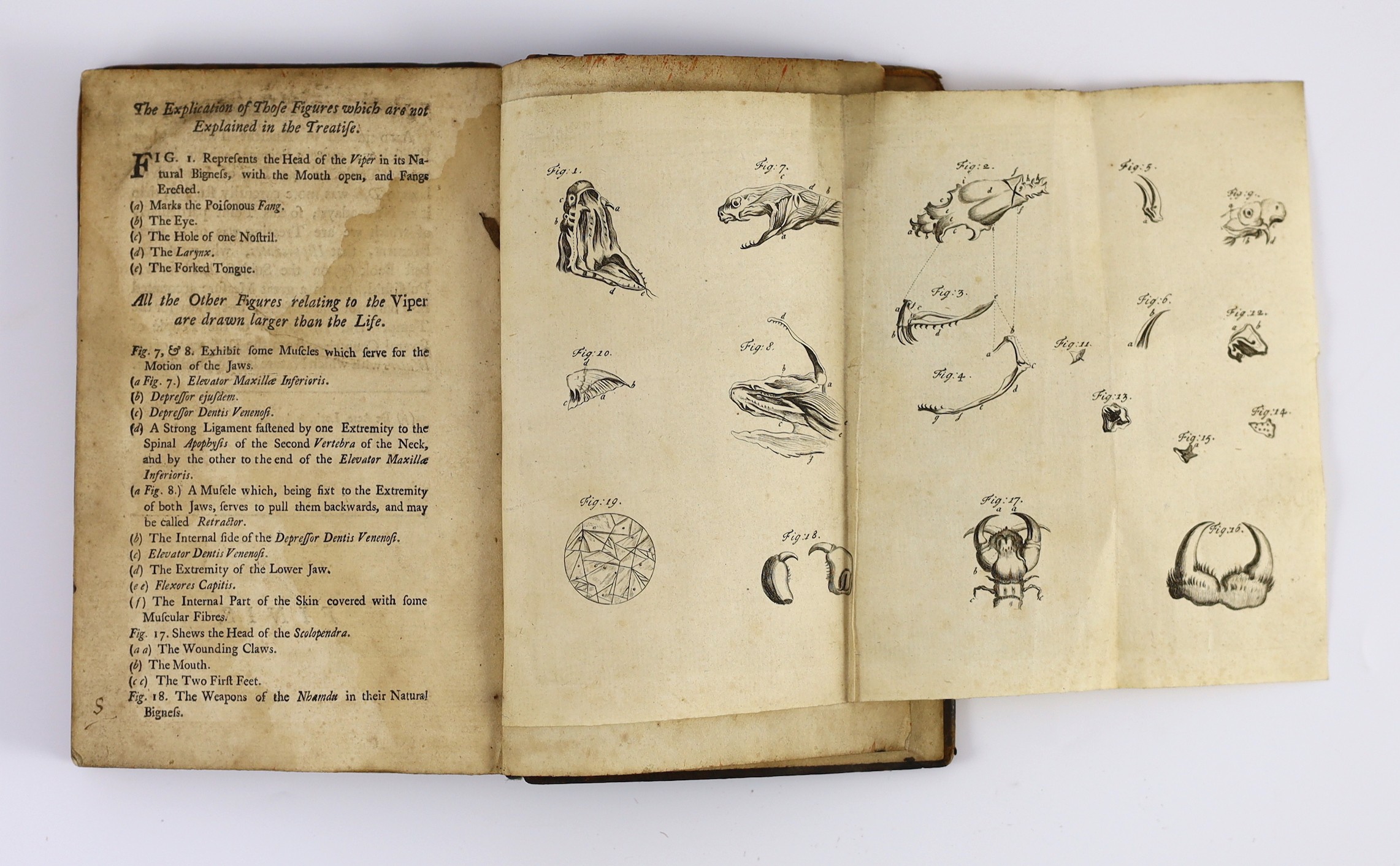 Mead, Richard - A Mechanical Account of Poisons in Several Essays, 1st edition, 8vo, original calf, hinges very weak, lacking front fly leaf folding plate at end, J.R. for Ralph South, London, 1702